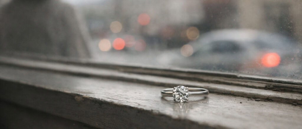 1. Sparkling lab-grown diamond ring on windowsill, eco-friendly jewelry choice.