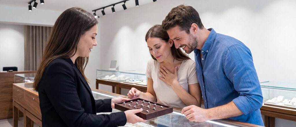 Lab-grown diamond buying experience with engaged couple and jewelry consultant.