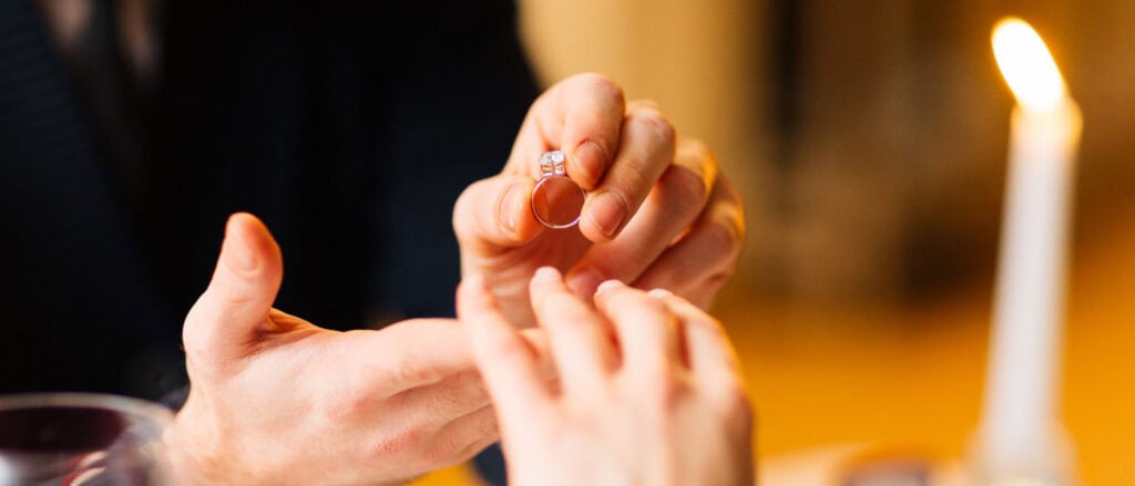 Lab-grown diamond ring exchange at romantic event for real stories behind lab-grown diamonds.
